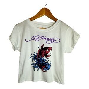 Vintage Ed Hardy Koi Fish Front Hit Double Side Graphic Tee Cropped Tee XL